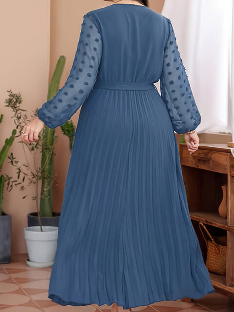 Plus Size Peacock Blue Swiss Dot Tie Waist Maxi Dress