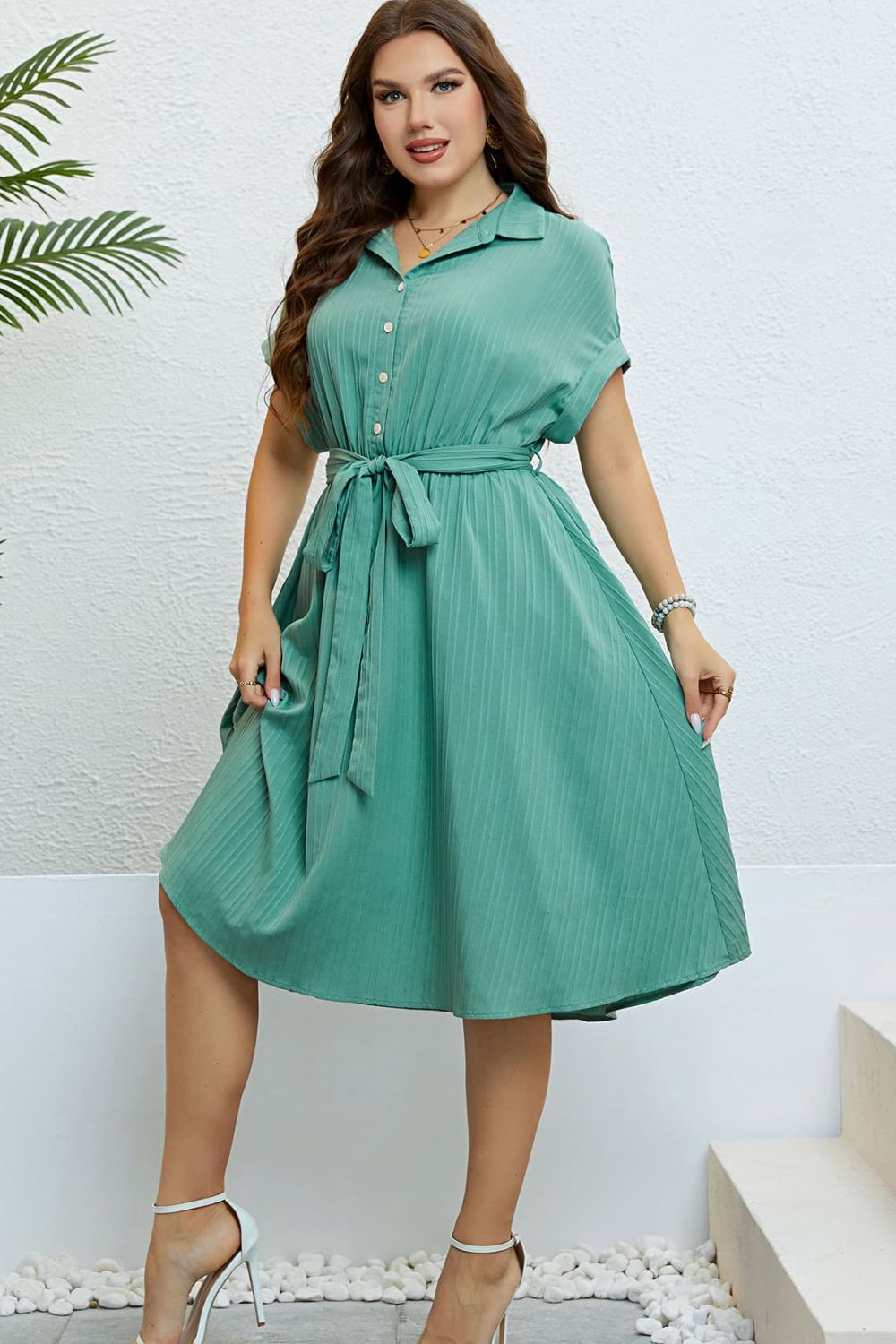 Plus Size Buttoned Tie-Waist Shirt Dress