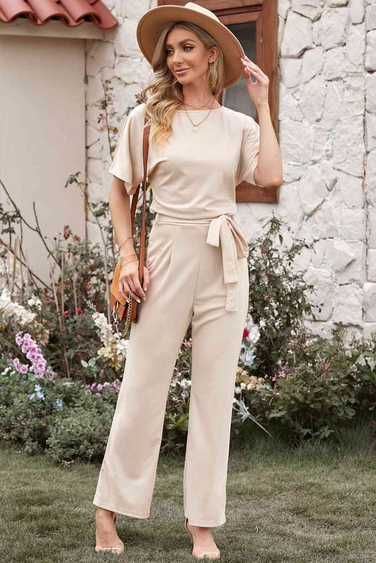 Full Size NatureJumpers Tie Waist Straight Leg Jumpsuit