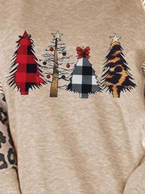 CHRISTMAS THEMED Christmas Tree Graphic Striped Tan Long Sleeve Sweatshirt