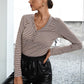 Striped Buttoned V-Neck Long Sleeve Top