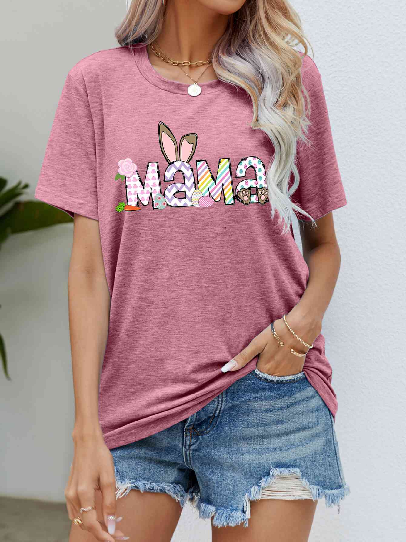 Seasonal Easter MAMA Graphic Round Neck T-Shirt