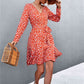 Printed V-Neck Tie Belt Ruffle Hem Mini Dress