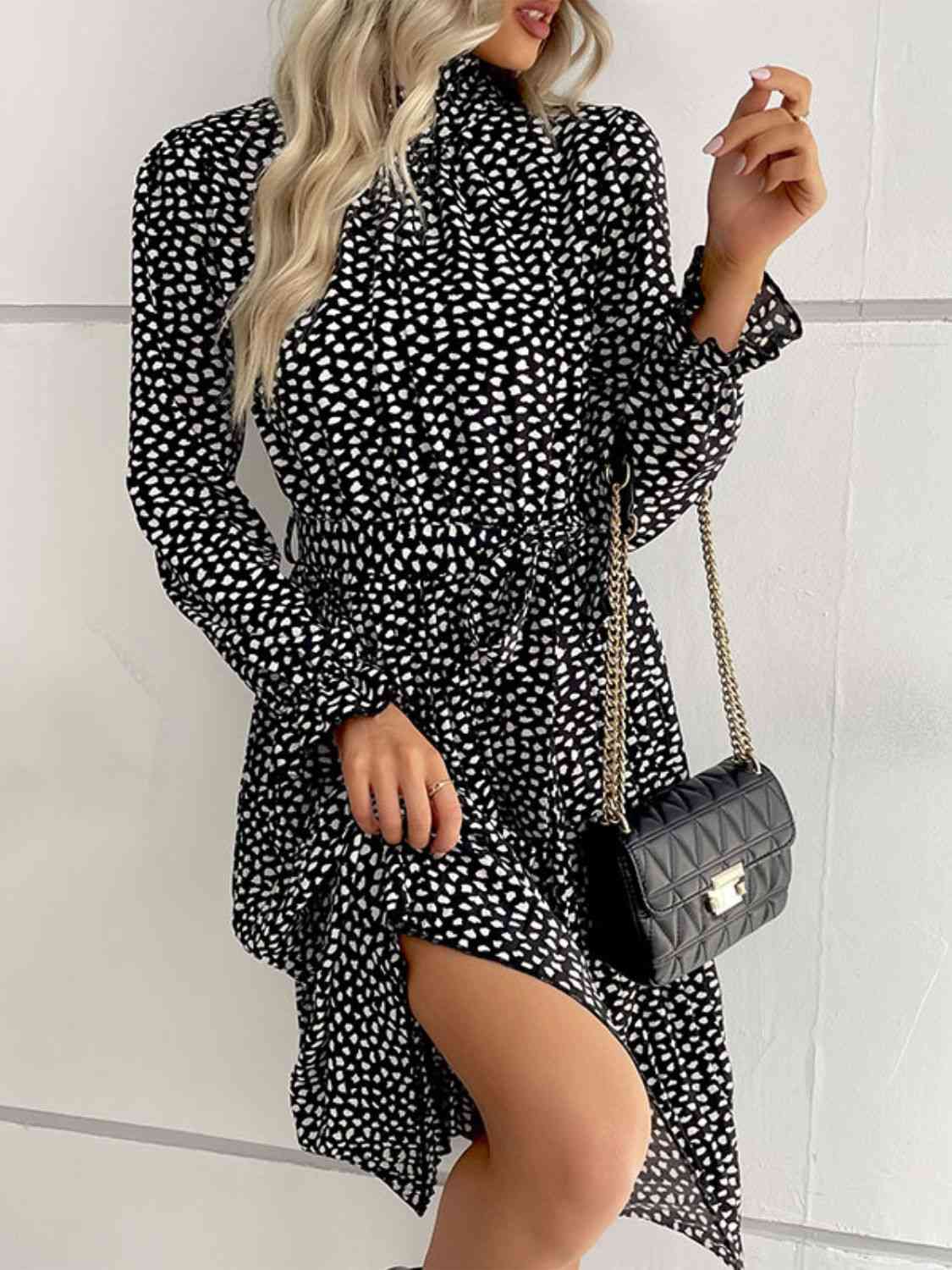 Printed Tie-Waist Flounce Sleeve Keyhole Black Midi Dress