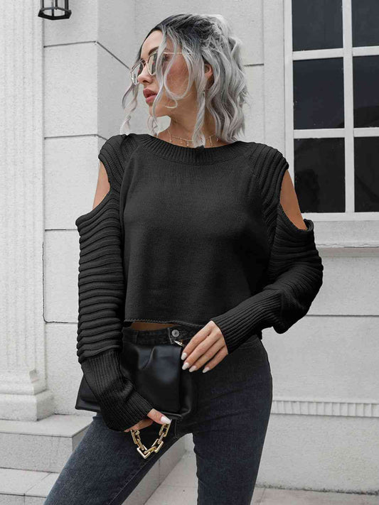 Cold-Shoulder Ribbed Trim Sweater