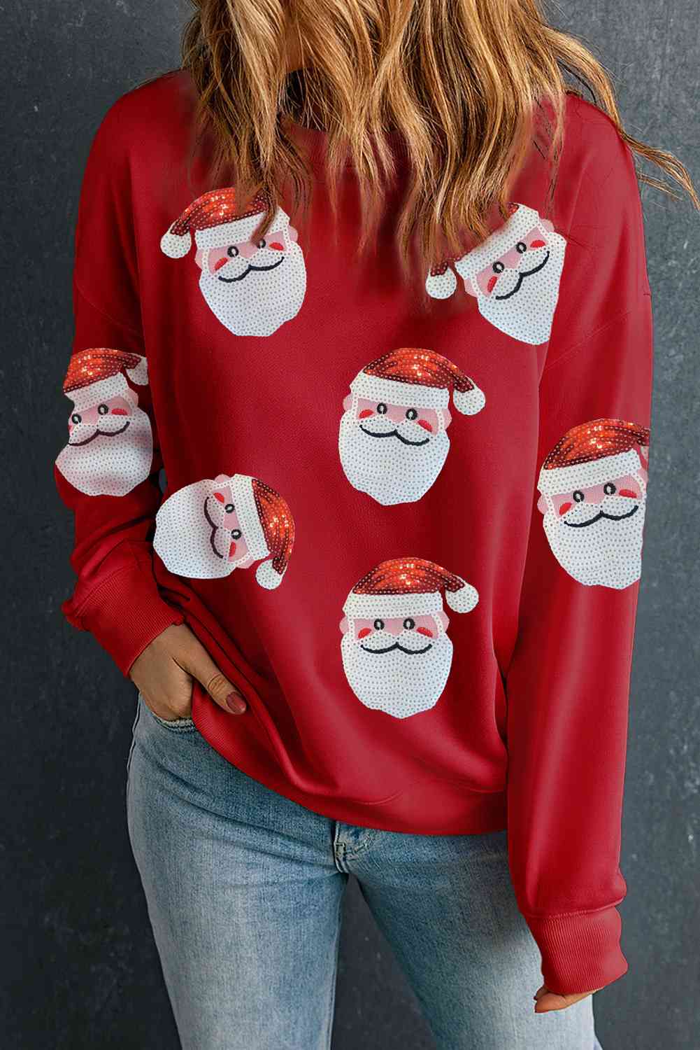 Christmas Themed Sequin Santa Patch Round Neck Sweatshirt