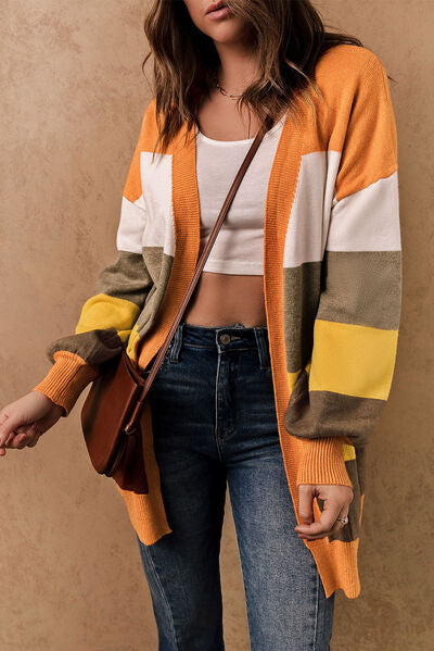 Color Block Lantern Sleeve Open Front Cardigan with Pockets