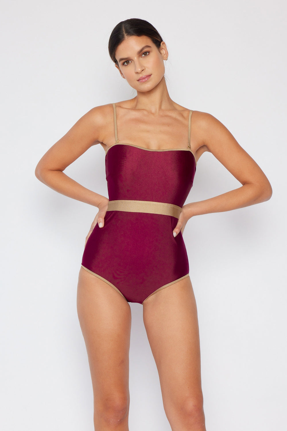 Marina West Swim Full Size Wave Break Contrast Trim One-Piece in Wine