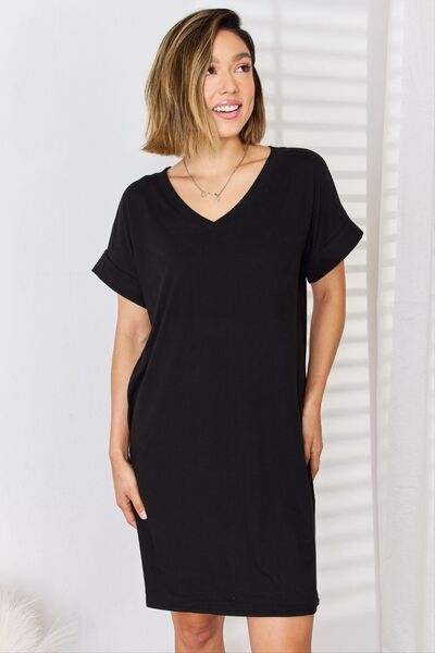 Zenana Full Size Rolled Short Sleeve V-Neck Dress - Brand Zenana