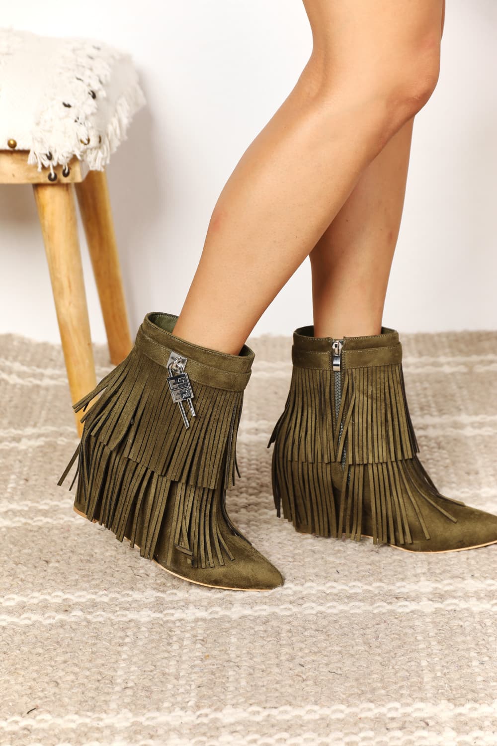 Legend Women's Tassel Wedge Heel Olive Ankle Boots *