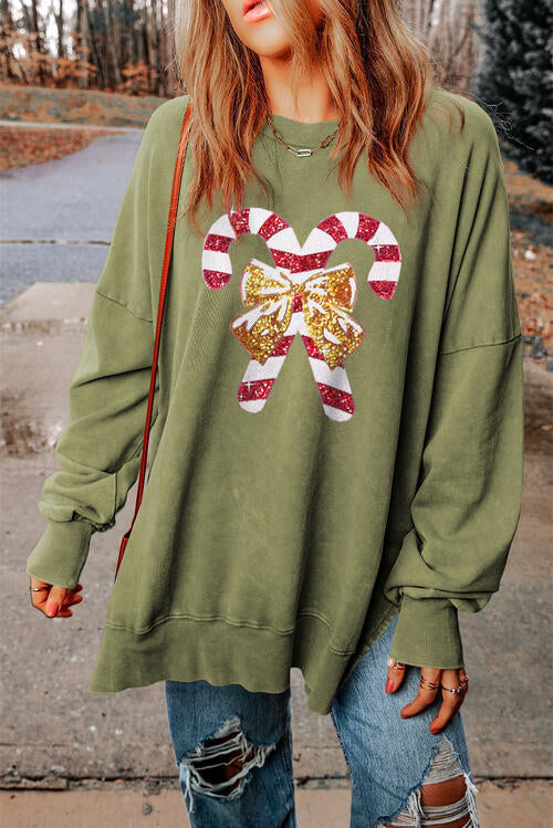 CHRISTMAS THEMED Sequin Candy Cane Round Neck Slit Sweatshirt