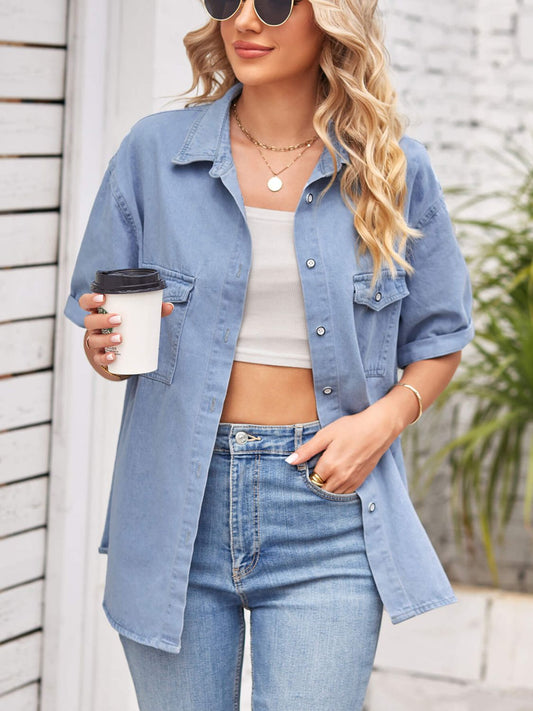 Women's Collared Neck Short Sleeve Denim Jacket