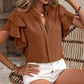 Ruffled Notched Short Sleeve Blouse