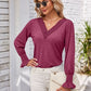 Smocked V-Neck Long Sleeve Blouse