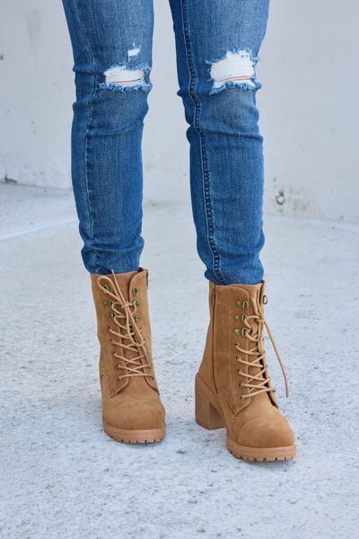 Forever Link Tan Lace-Up Zipper Detail Block Heel Boots