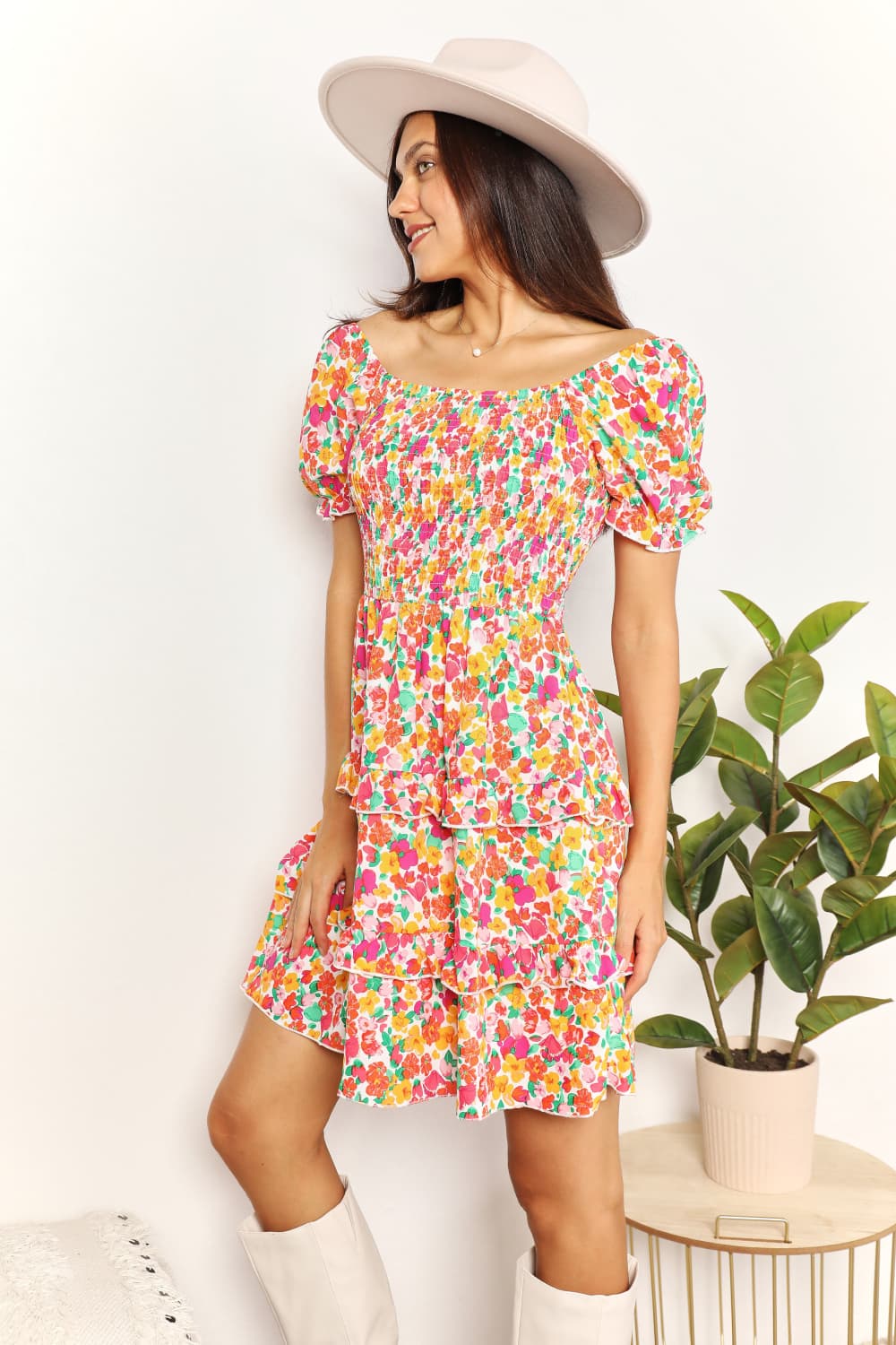 Double Take Strawberry Smocked Sweetheart Neck Flounce Sleeve Strawberry Mini Dress *