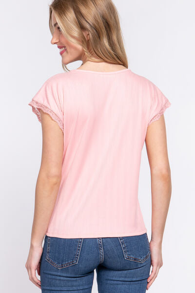 ACTIVE BASIC Lace Trim V-Neck Short Sleeve Ribbed Top *