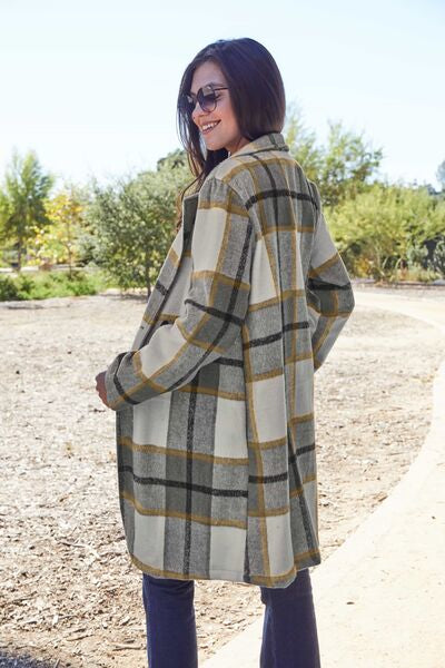 Double Take Full Size Plaid Button Up Lapel Collar Coat *