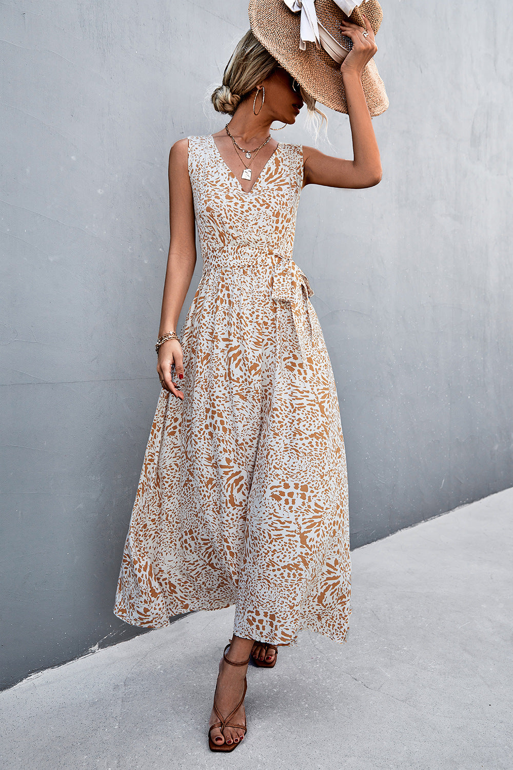 Full Size Printed V-Neck Tie Waist Maxi Dress