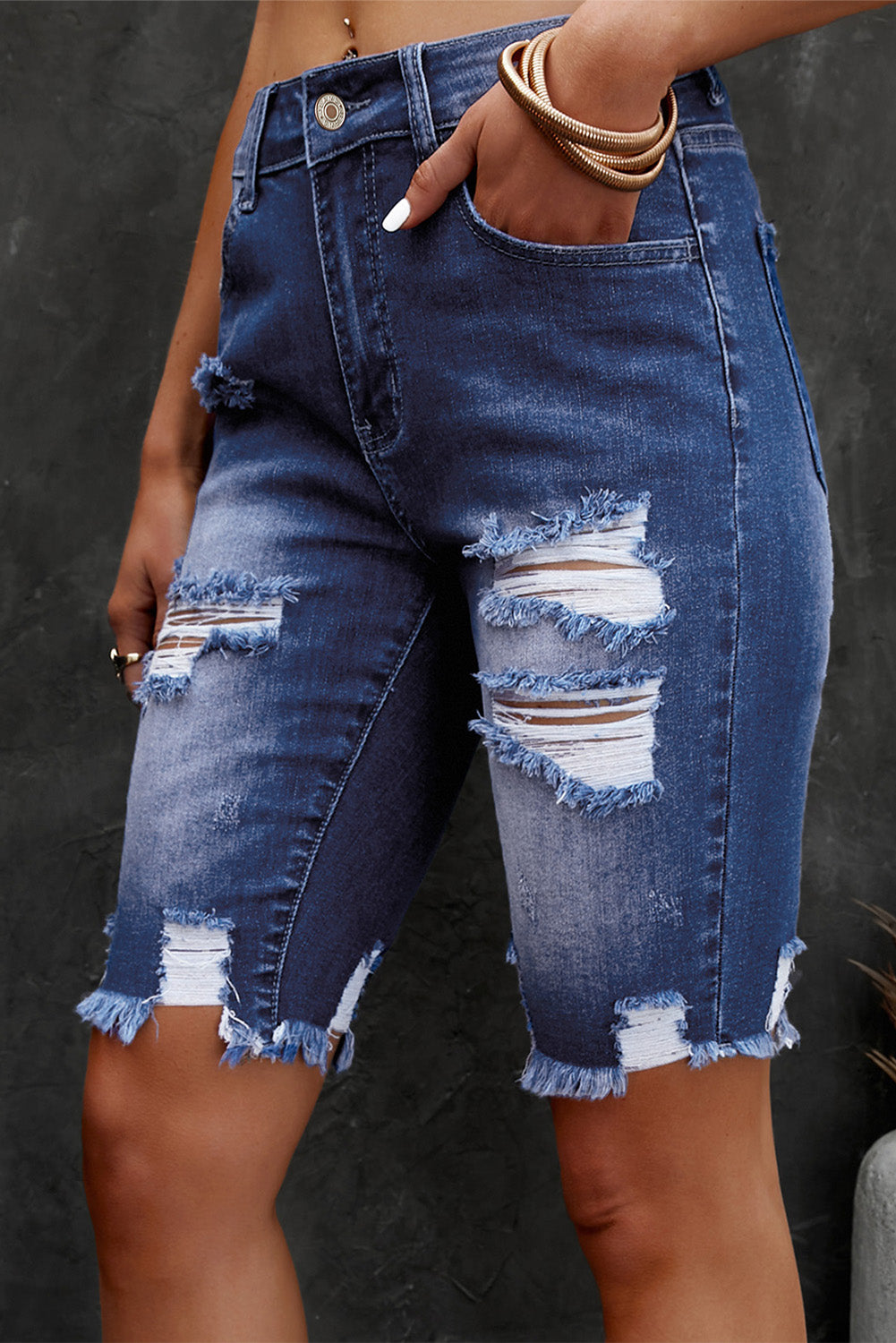 Distressed Frayed Hem Denim Bermuda Shorts