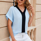 Contrast Johnny Collar Short Sleeve Blouse