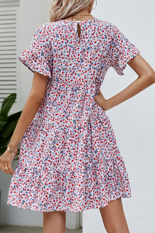 Women's Ditsy Floral Flounce Sleeve Tiered Dress