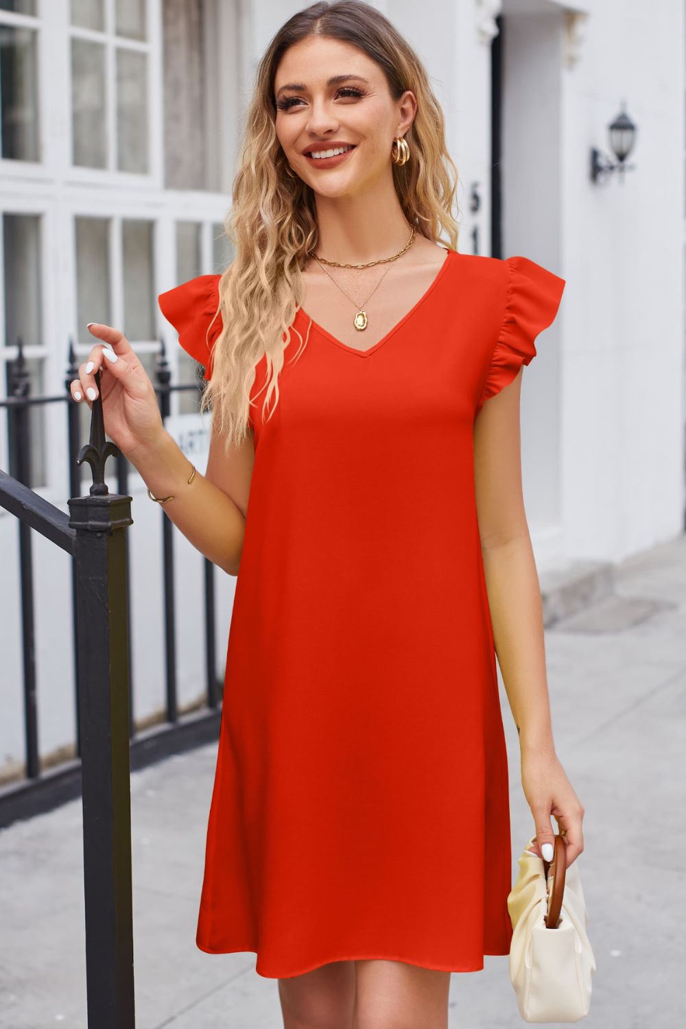 Full Size Ruffled V-Neck Flutter Sleeve Dress