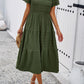 Smocked Round Neck Short Sleeve Midi Dress