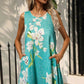 FULL SIZE Printed Round Neck Sleeveless Dress with Pockets