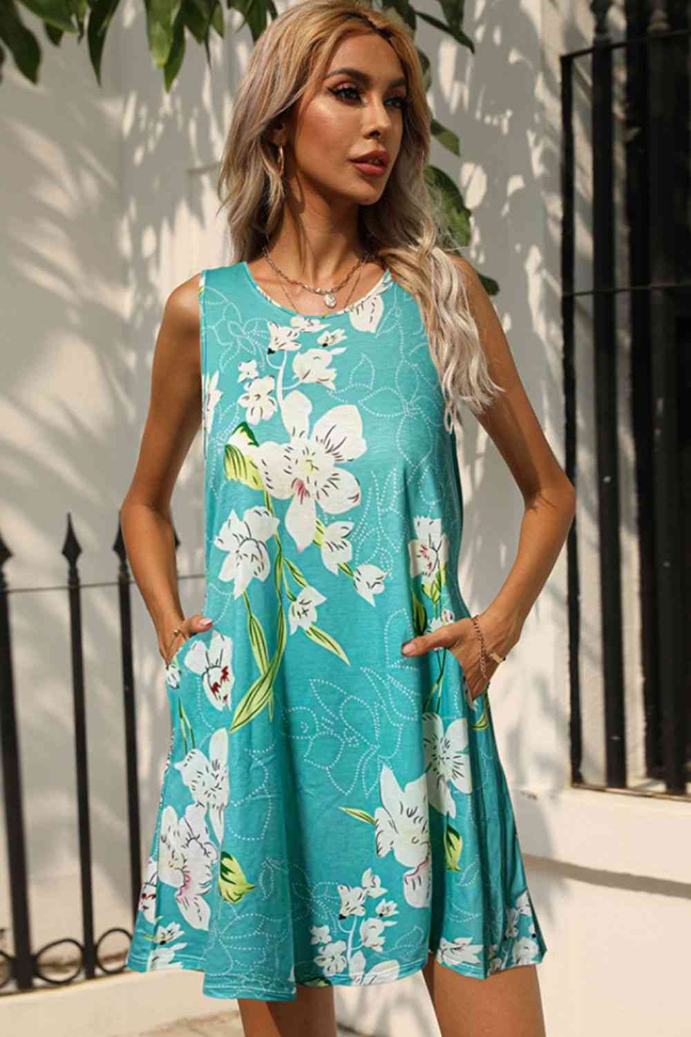 FULL SIZE Printed Round Neck Sleeveless Dress with Pockets