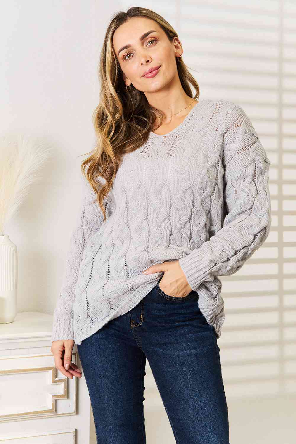 Woven Right Cable-Knit Hooded Sweater *