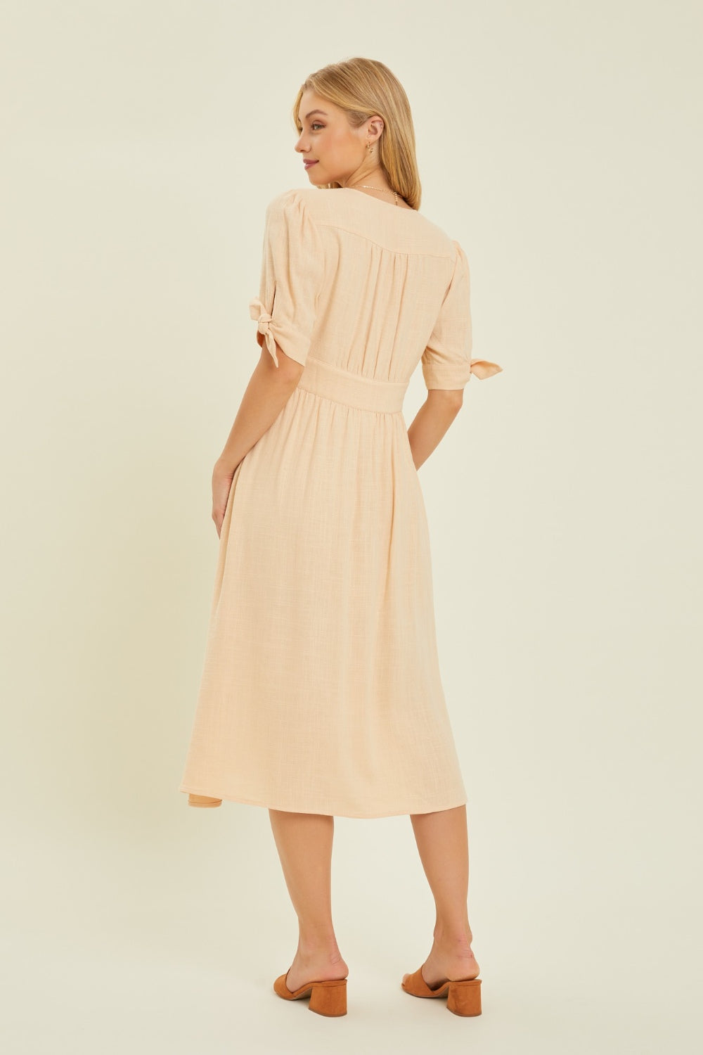 HEYSON Full Size Textured Linen V-Neck Button-Down Midi Dress *