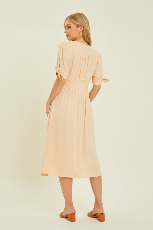 HEYSON Full Size Textured Linen V-Neck Button-Down Midi Dress *