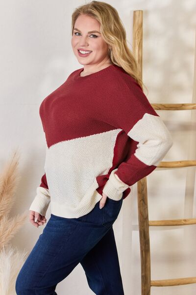 Hailey & Co Full Size Color Block Dropped Shoulder Knit Top *