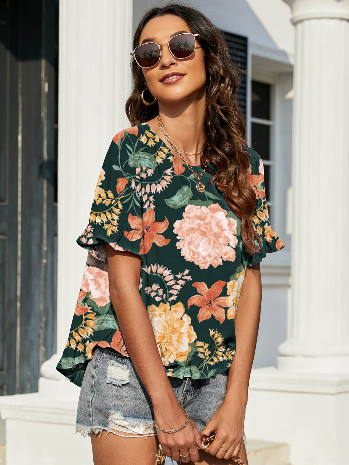 Women's Floral Ruffled Flounce Sleeve Blouse