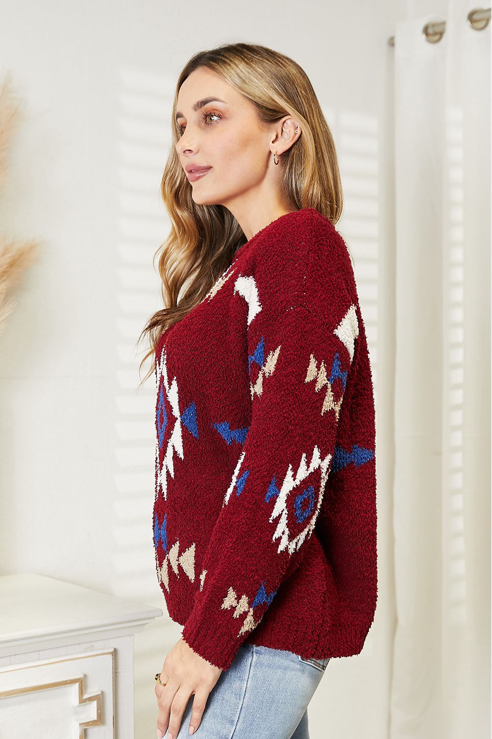 HEYSON Wine Full Size Aztec Soft Fuzzy Sweater