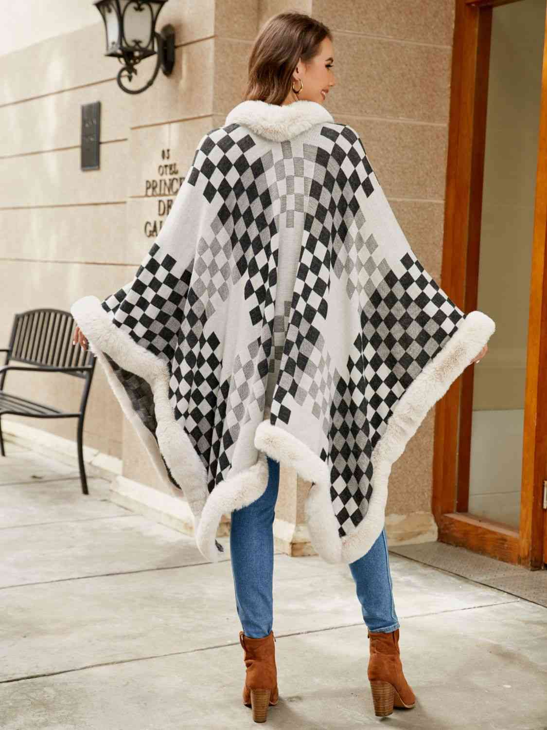 Savannah Jay One Size Checkered Faux Fur Trim Poncho