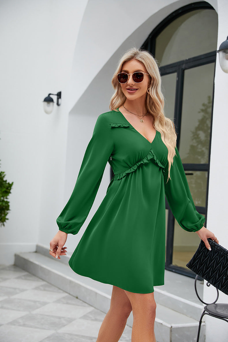 SO YOU Full Size Frill Trim V-Neck Long Sleeve Dress