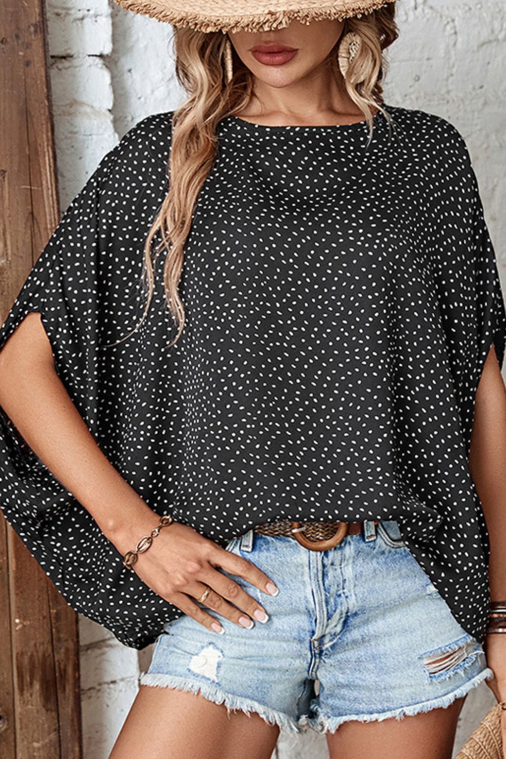 Women's Printed Dolman Sleeve Round Neck Blouse