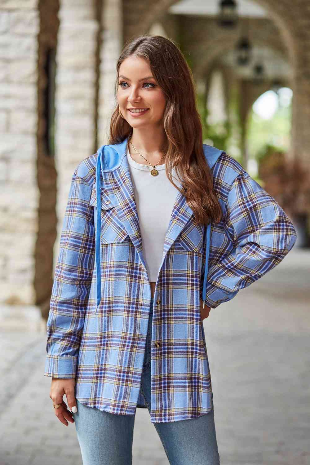 Full Size Plaid Long Sleeve Hooded Jacket