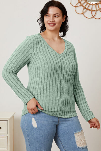 Basic Bae Full Size Ribbed V-Neck Long Sleeve T-Shirt *