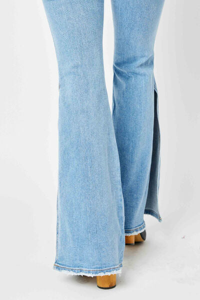 Judy Blue Full Size Mid Rise Raw Hem Slit Flare Jeans *