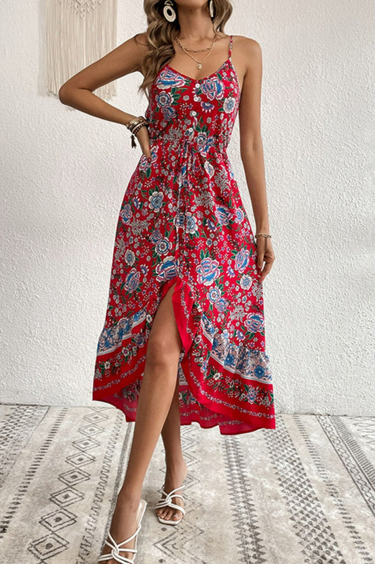 Women's Bohemian Decorative Button Spaghetti Strap Dress