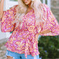 Floral V-Neck Tie Front Ruffled Blouse