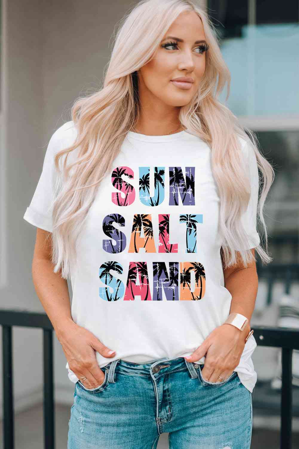 SUN SALT SAND Letter Graphic Round Neck Tee