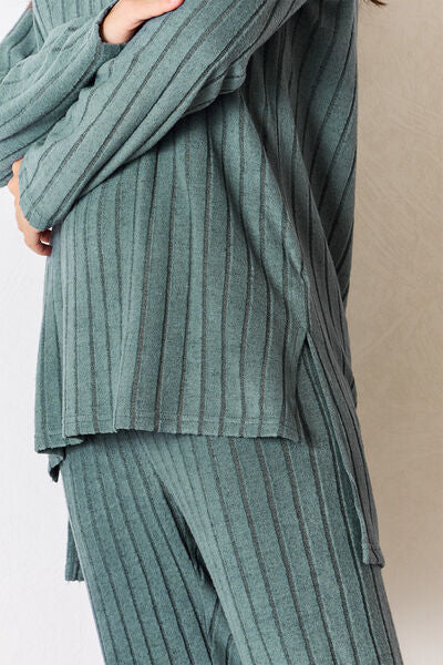 Basic Bae Full Size Ribbed Round Neck High-Low Slit Top and Pants Set *