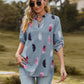 Full Size Printed Roll-Tab Sleeve Notched Neck Blouse