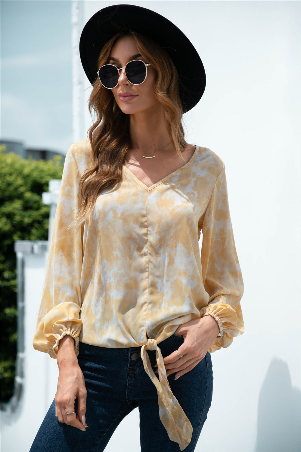 KENZIEMEA Tie-Dye Tied Balloon Sleeve Blouse