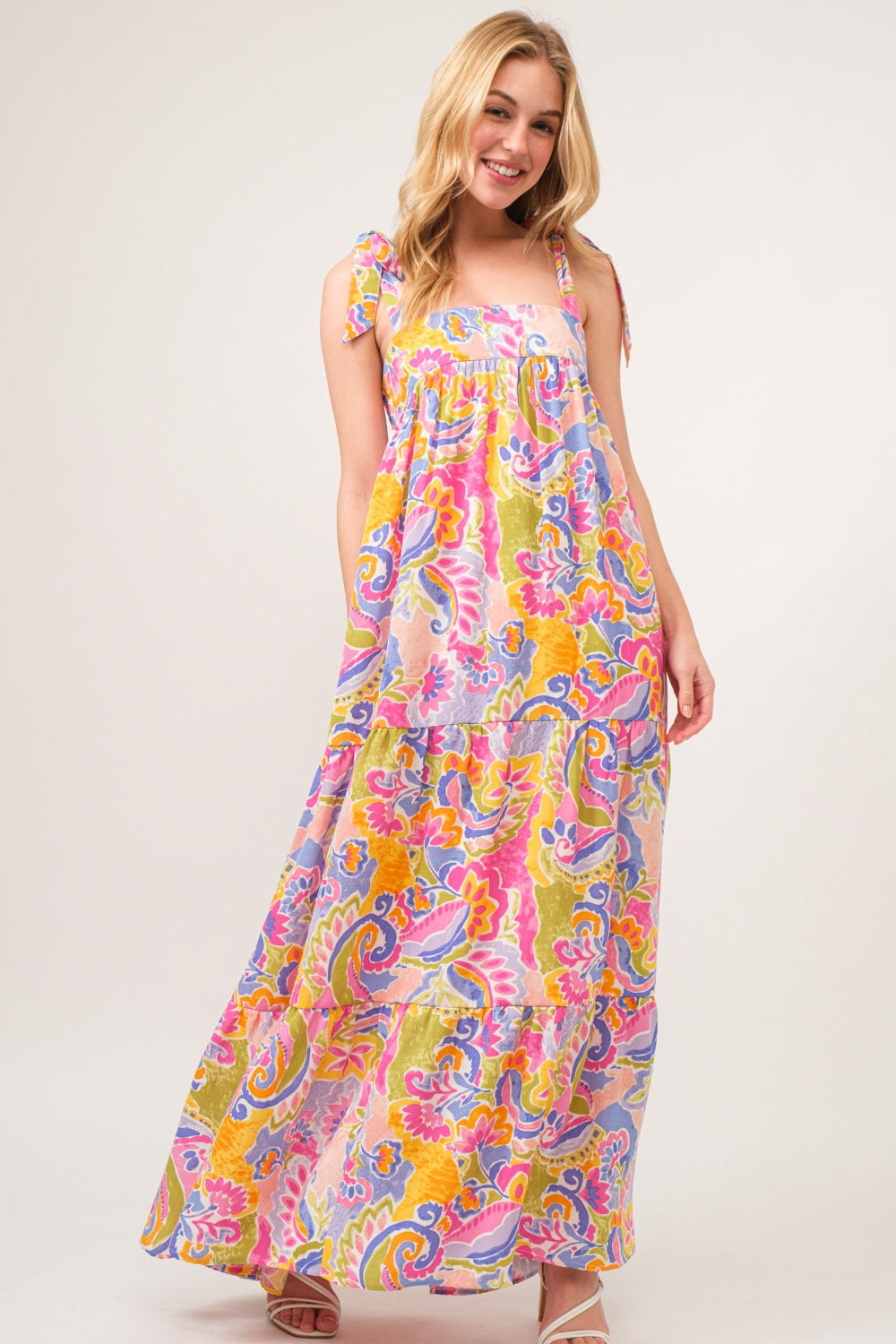 And The Why Full Size Printed Tie Shoulder Tiered Maxi Dress *