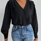 Women's Isla Black Surplice Ruched Long Sleeve Bodysuit